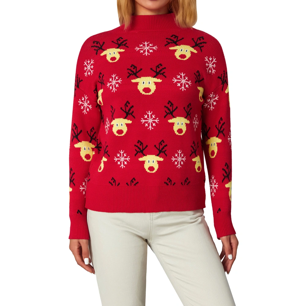 Female Sweater, Elk Snowflake Print Mock Neck Long Sleeve Knitwear