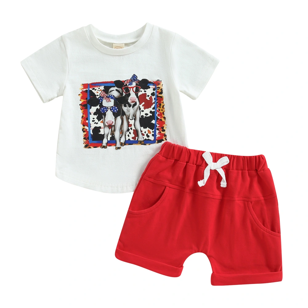 Boy Girl Short Sleeve Round Neck Cow Print Shirt + Drawstring Shorts