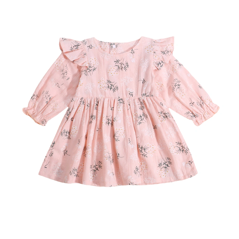 Girls Dress, Floral Printed Pattern Round Collar Long Sleeve One-piece