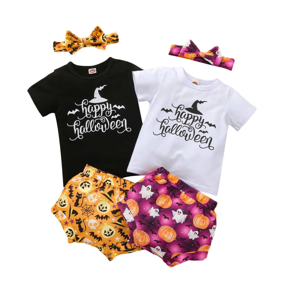 Halloween Letter & Bat Print T-shirt + Shorts + Bowknot Headband