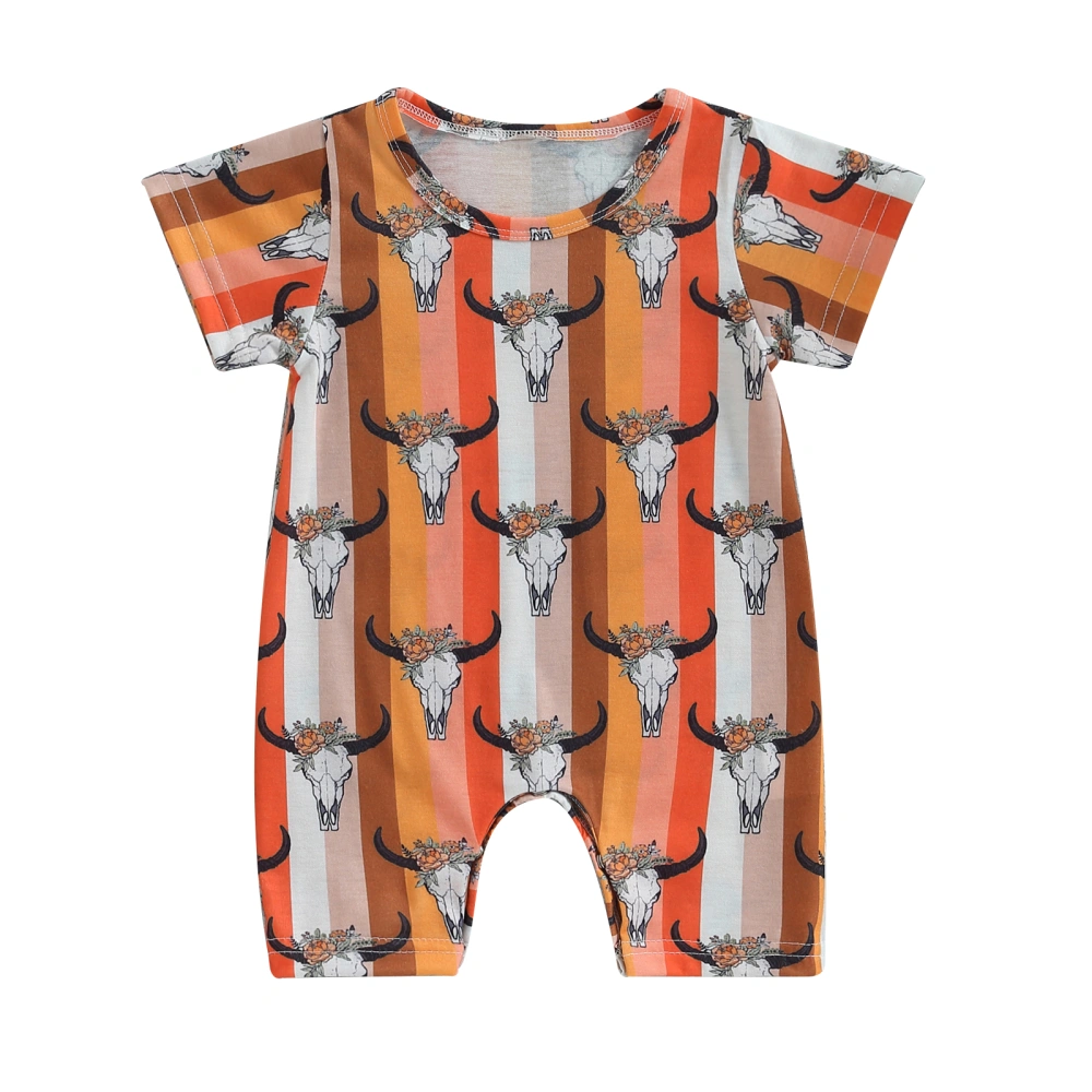 Baby Boys Girls Jumpsuit, Short Sleeve Bull Head Print Striped Romper