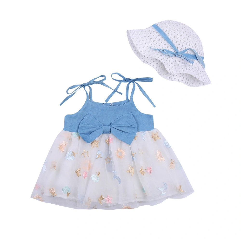 Little Girls Dress, Mesh Splicing Denim Suspender Skirt, Straw Hat