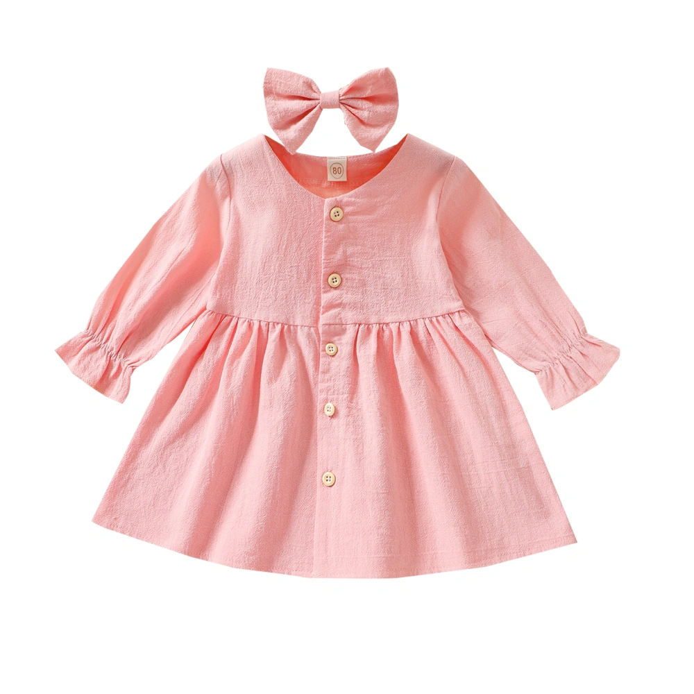 2Pcs Kids Outfit, Solid Color Single-Breasted Dress + Bow Hair Clip