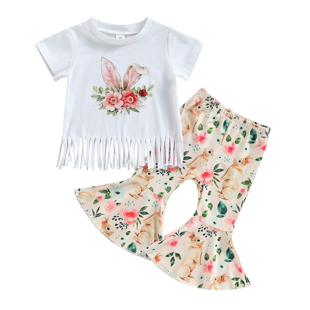 Kids Girls Pants Set, Flower Print T-shirt + Rabbit Print Flare Pants