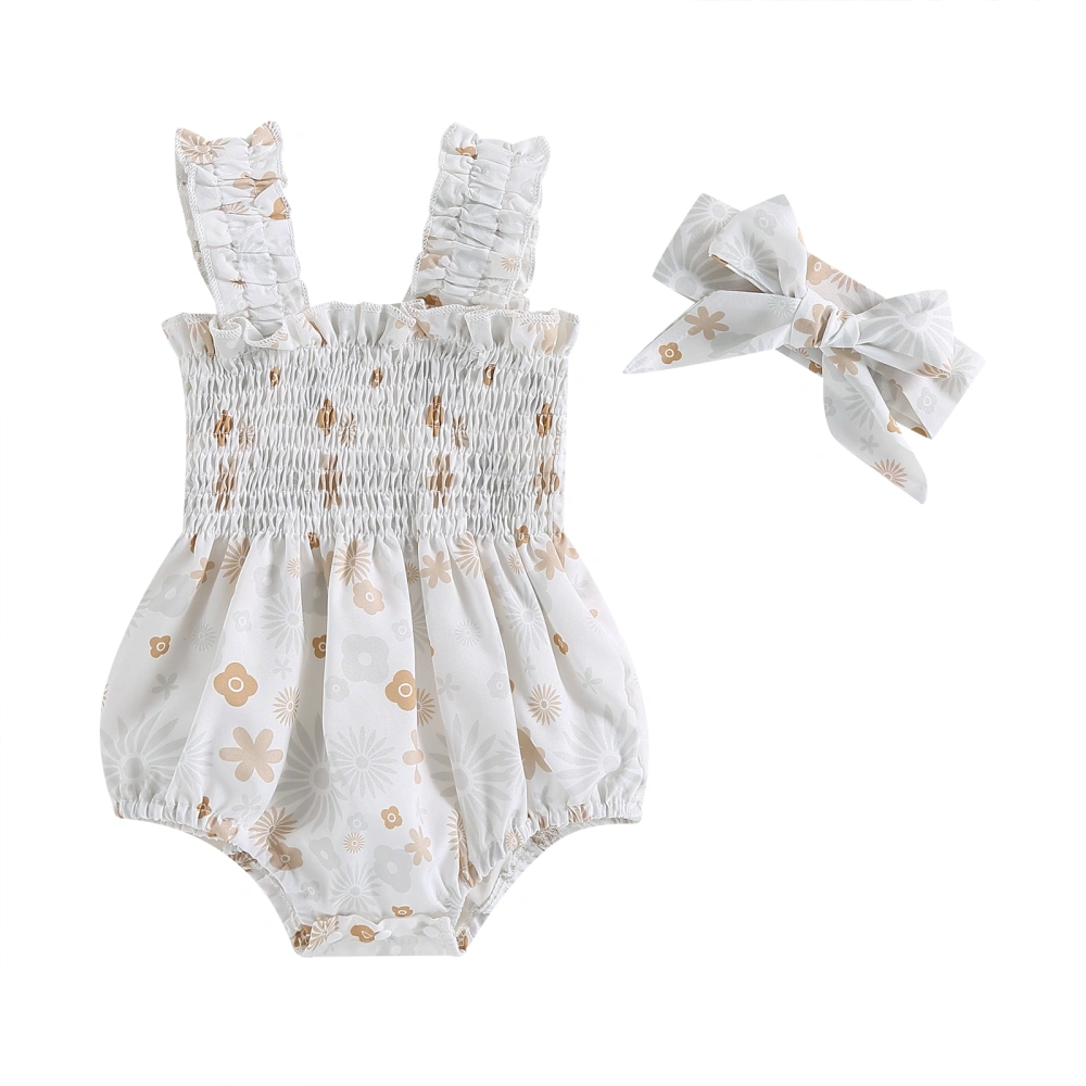 Baby Girls Sleeveless Ruched Floral Print Playsuit with Headband