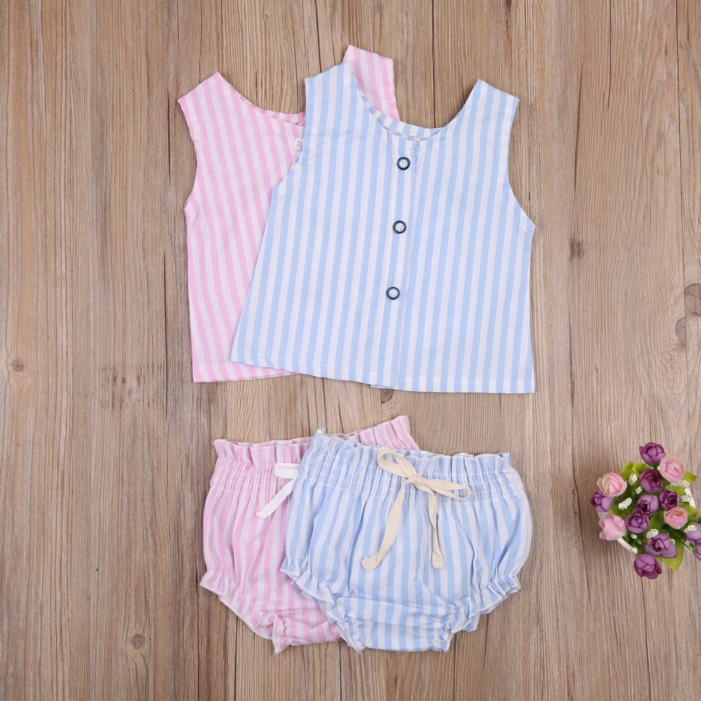 Kid Girl Tops Shorts Suit Strip Printed Sleeveless Button Vest Pants