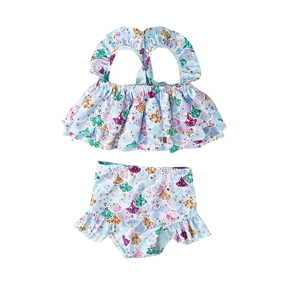 Baby Girl Sleeveless Layered Printed Ruffle Bikini Top + Swimming Bottoms