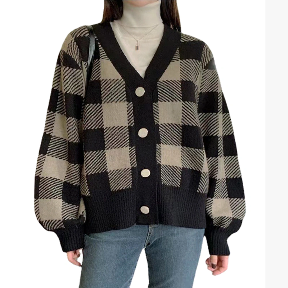 Women's Sweater Cardigan, Long Sleeve Vintage Plaid V-Neck Outwear