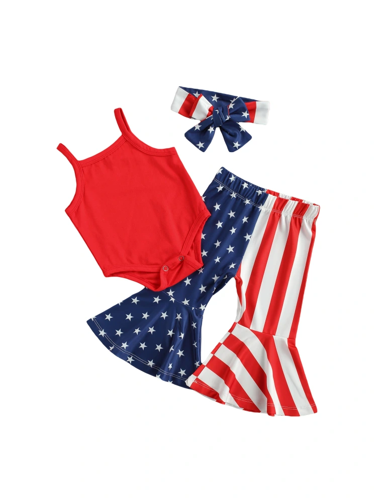 3Pcs Baby Independence Day Outfit, Straps Romper + Flare Trousers