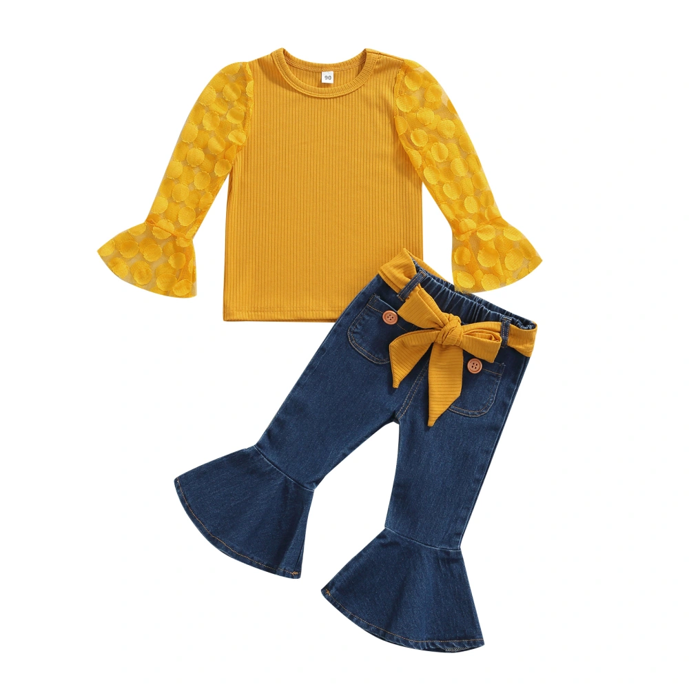 Girls Clothes Set, Dot Print Tops+Solid Color Flared Denim Trousers