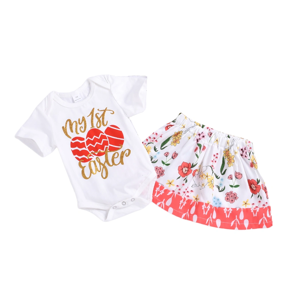 Baby's Three-Piece Suit, Letter Print Romper + Floral Skirt + Headwear