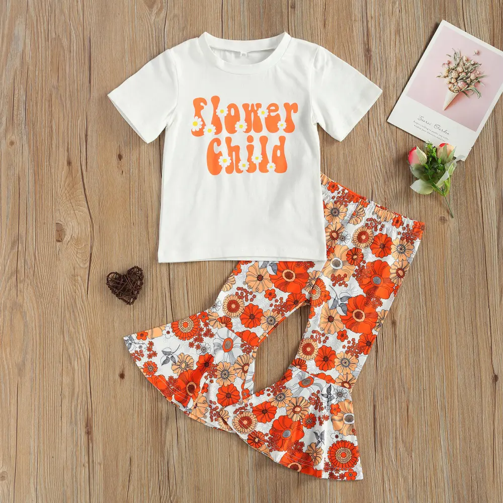 Kids Floral Print Round Neck Shirt Sleeve T-Shirt+ Flared Trousers