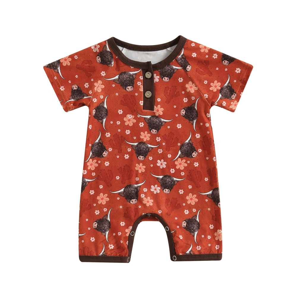 Baby Western Romper, Short Sleeve Cow Print Footless Jumpsuit