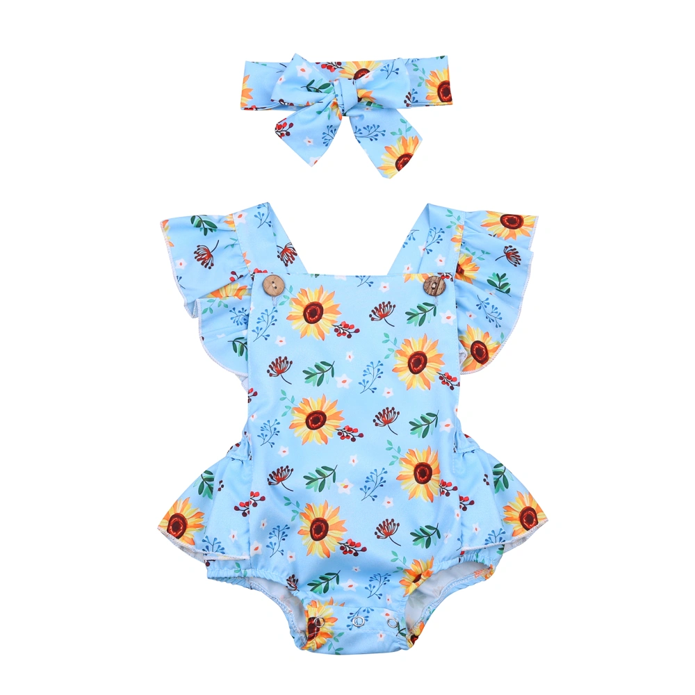 Baby Sunflower Print Flying Sleeve Jumpsuit+Bow-knot Headband