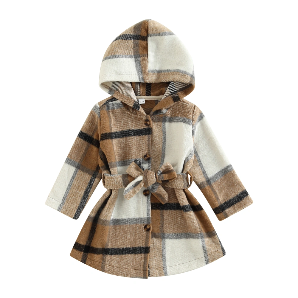 Girls Flannel Plaid Jacket, Long Sleeve Button Down Belted Coat