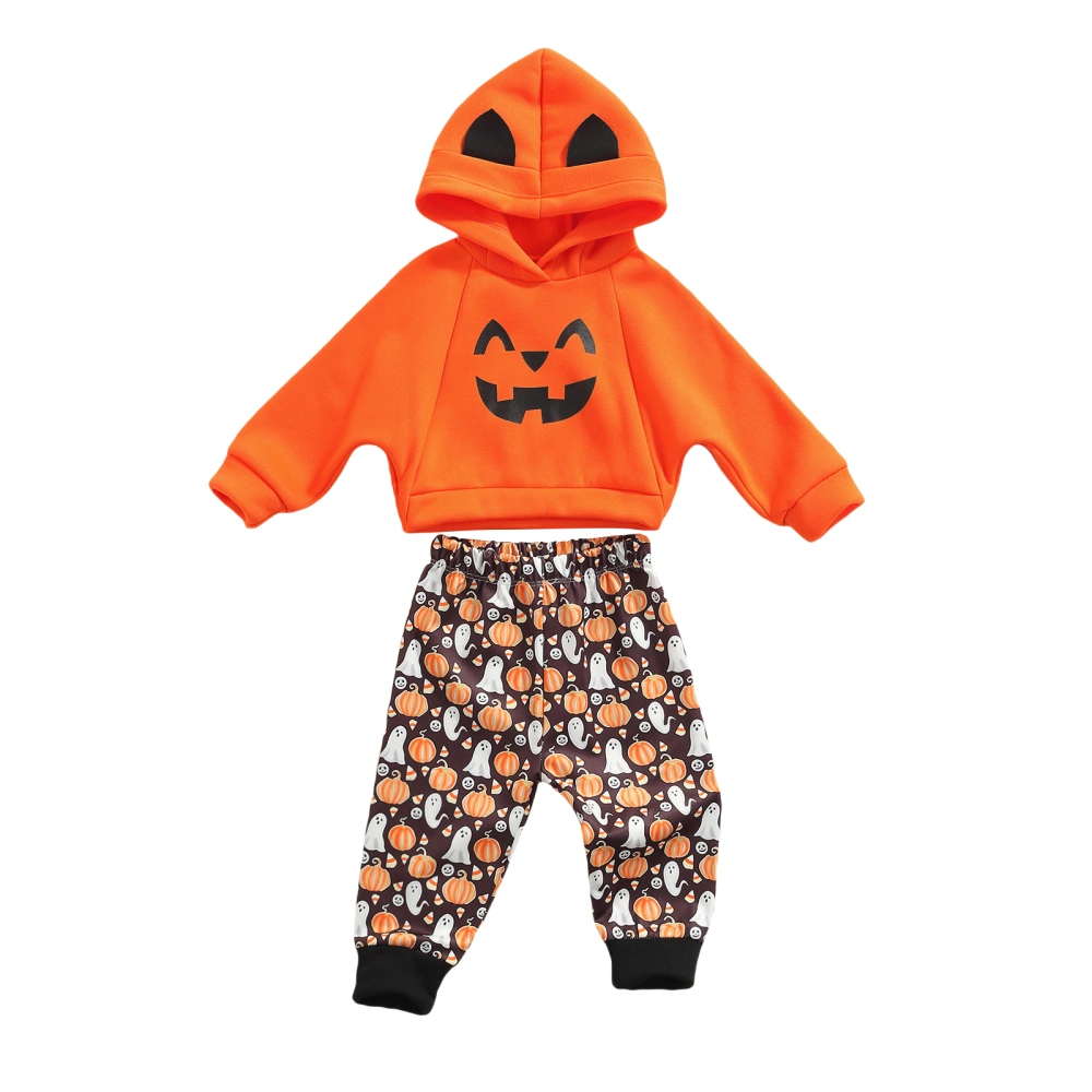 Children’s Smiley Hooded Tops and Pumpkin Ghost Print Long Pants Set