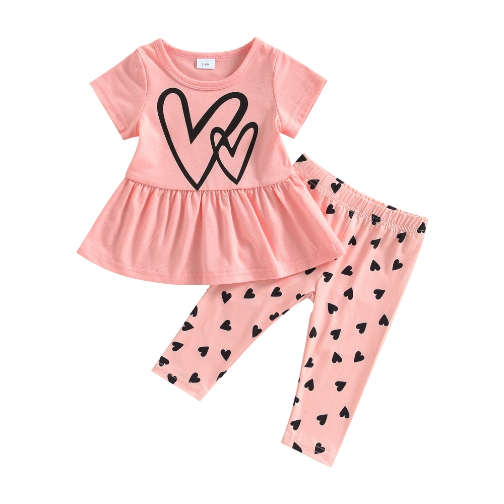 Baby Girls Pants Set, Heart Print Short Sleeve T-shirt with Long Pants