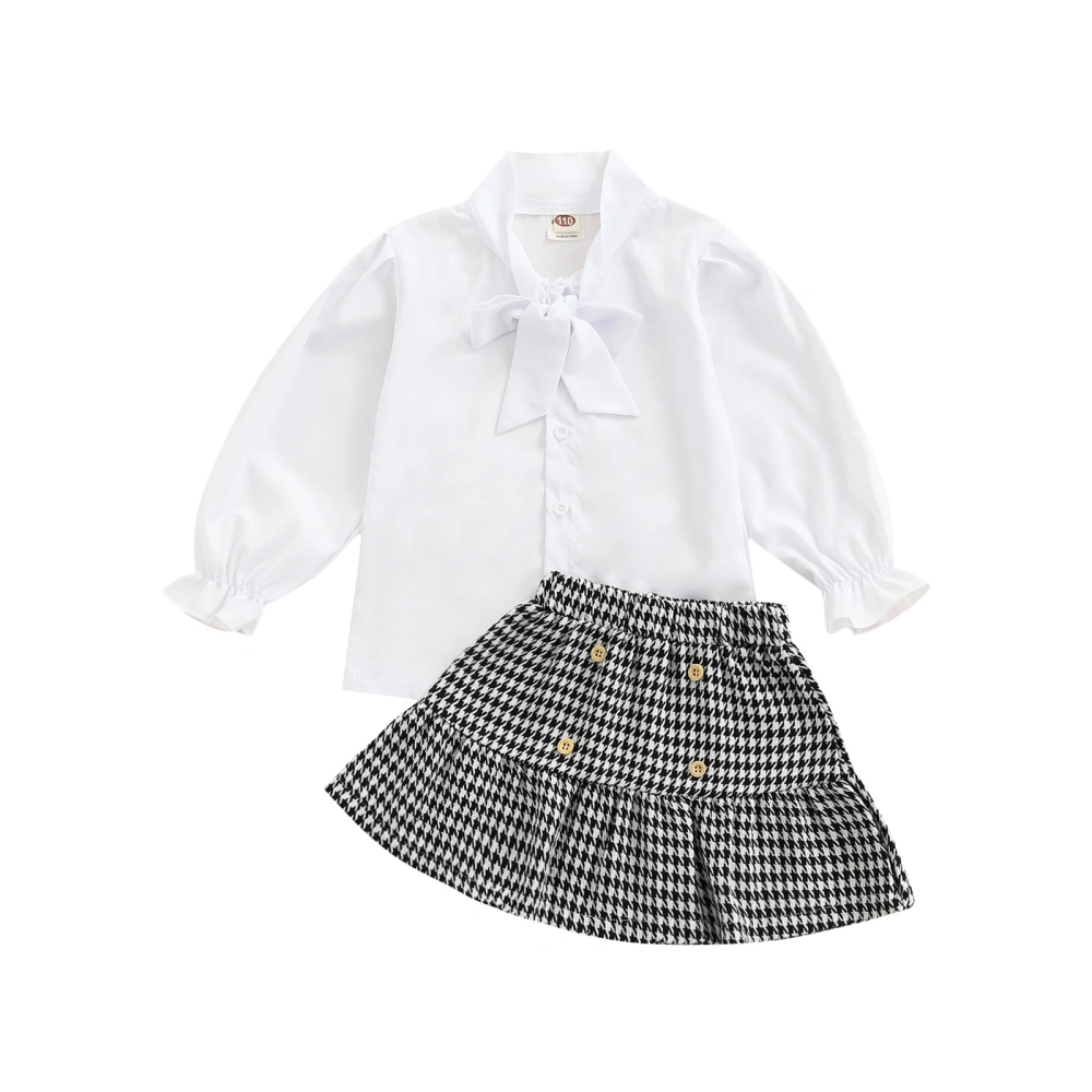 Girl’s Fashion Long Sleeve Shirt and Plaid Button Short Skirt Set