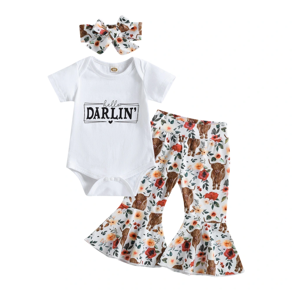 Baby Girls Pants Set Letters Romper + Cow Print Flare Pants + Headband