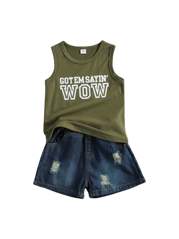 Baby Vest + Denim Shorts, Retro Sanded Letter Print Clothing