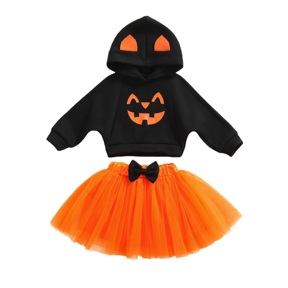 Kids Smiling Face Print Long Sleeve Hooded Pullover+ Bowknot Skirt