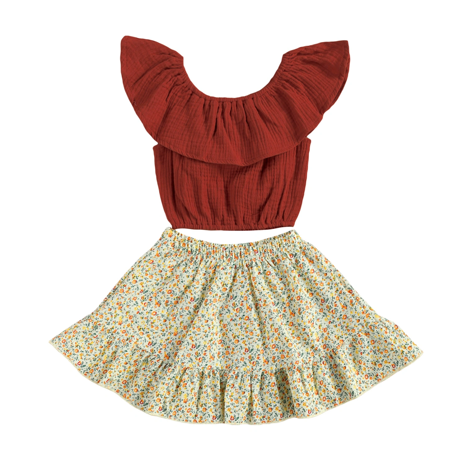 Toddler Girls Summer Outfits Ruffle Crop Tops + Floral Skirt Set