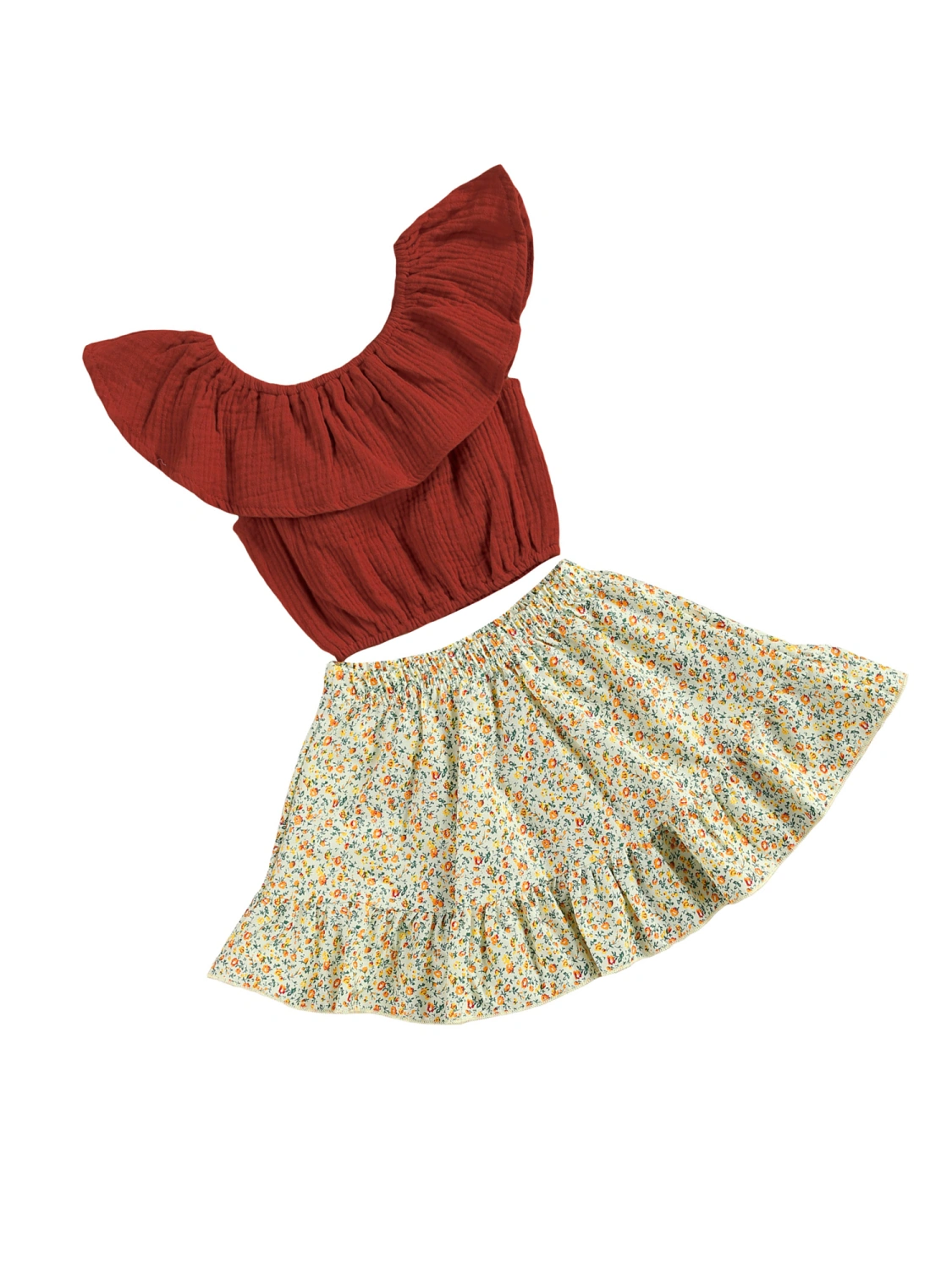 Toddler Girls Summer Outfits Ruffle Crop Tops + Floral Skirt Set