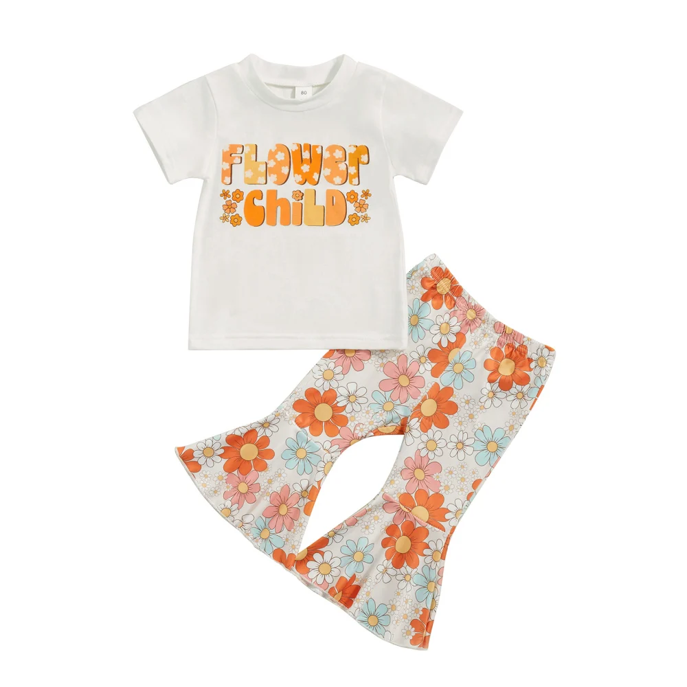 Kids Girls Summer Outfits Letter Print T-shirt and Floral Pants 