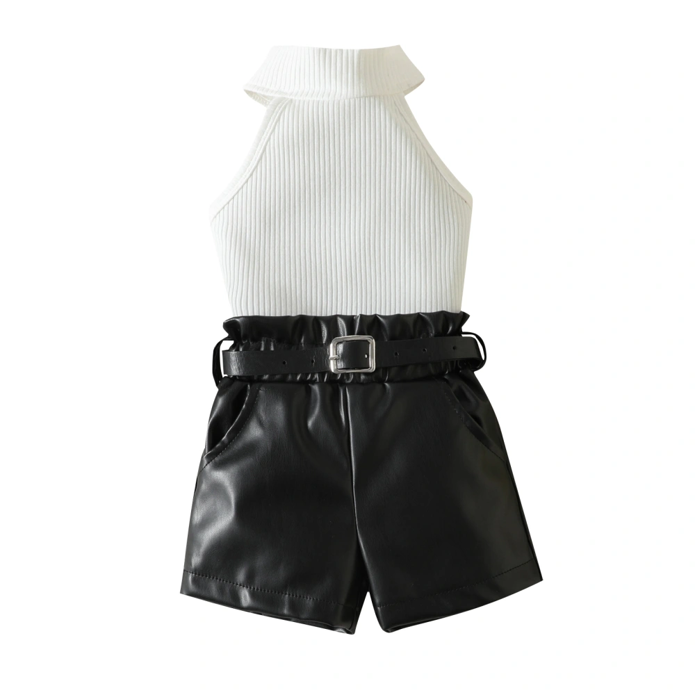 Toddler Girl Solid Rib Stand Neck Vest + Leather Shorts with Belt