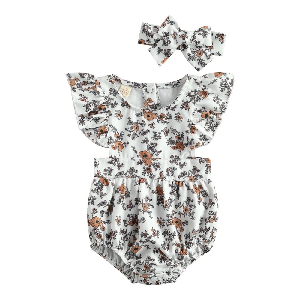 Baby Girl Floral Fly Sleeve Round Neck Romper + Bowknot Headband