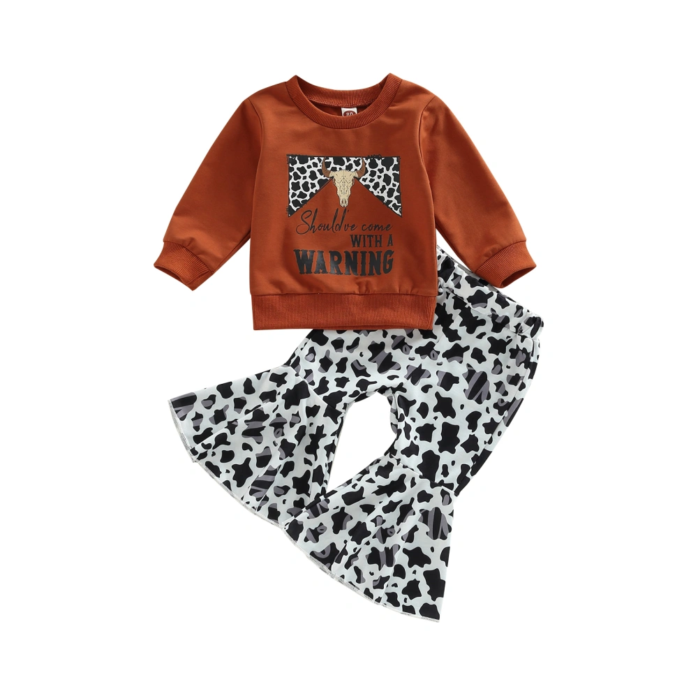 Kid Girls Pants Set Letters Print Sweatshirt + Cow Pattern Flare Pants