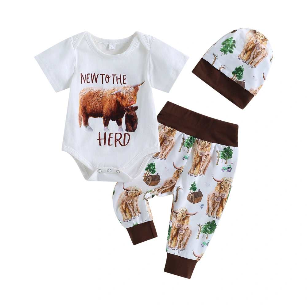 Kids Short Sleeve Romper Tops + Bull Print Loose Long Pants + Hat 