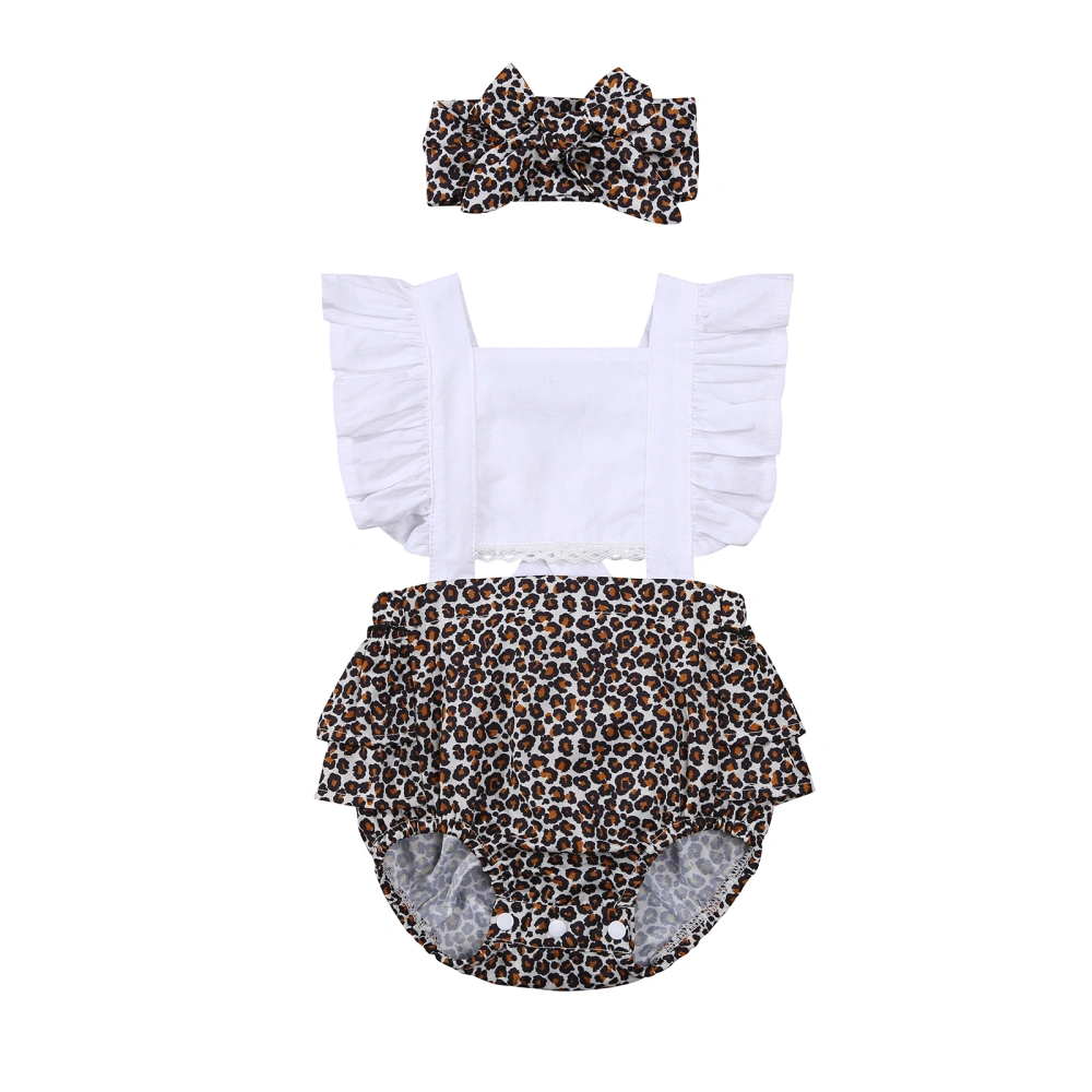 Kids Girls Leopard Print Square Neck Fly Sleeve Romper+ Hair Band