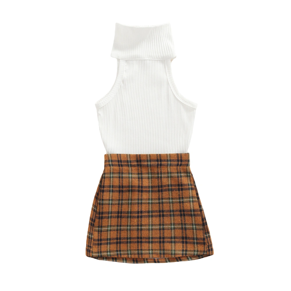 Toddler Girl Outfit, Solid Color High-Neck Crop Tops + Plaid Skirt