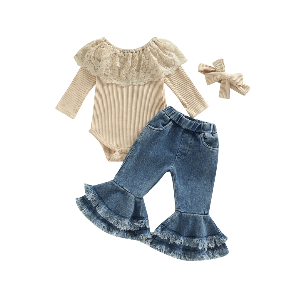 Girls Lace Romper Tops + Casual Denim Bell-Bottoms + Headband 