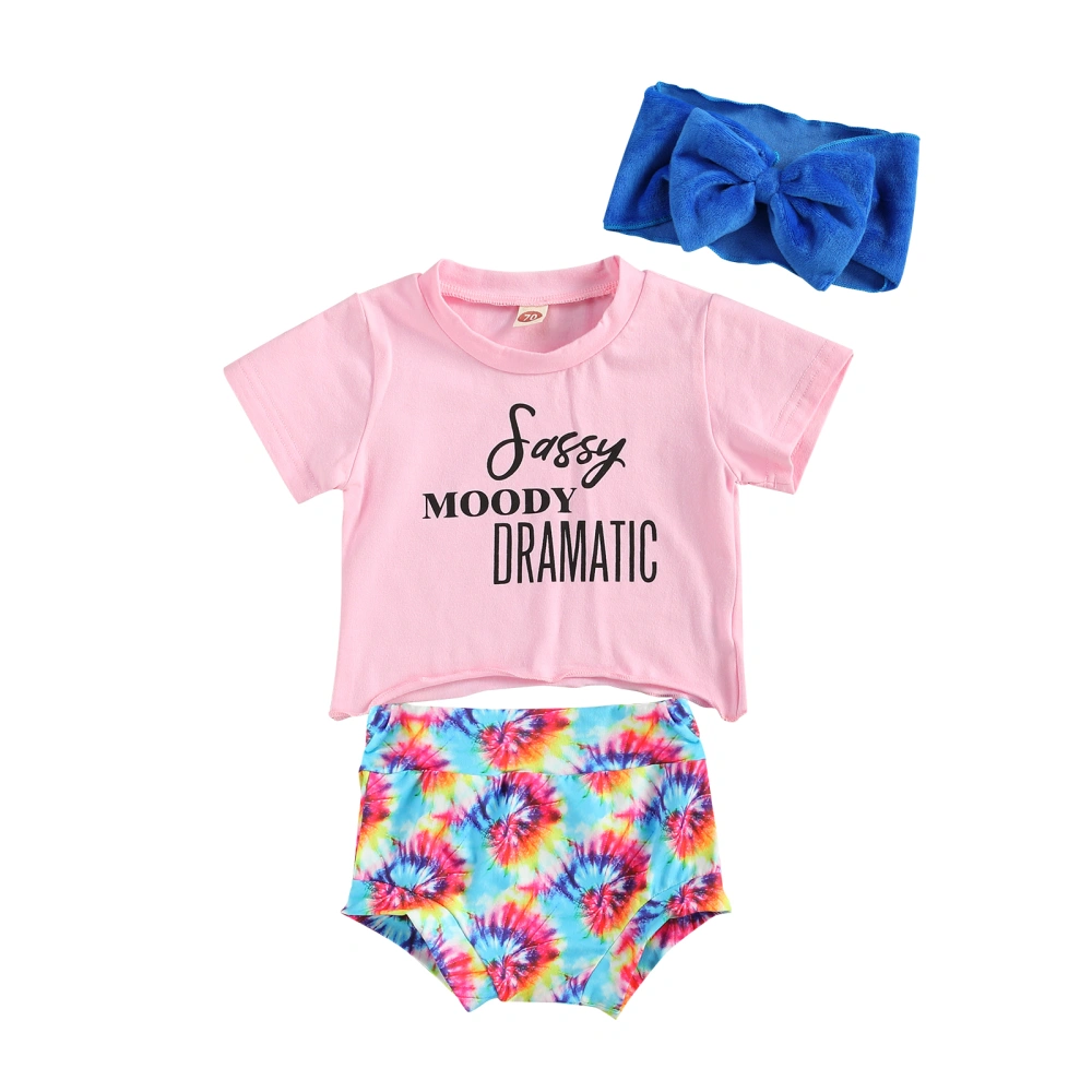 Girl's Three Piece Set, Newborn's Shirt Tie Dyed Shorts Hair Band