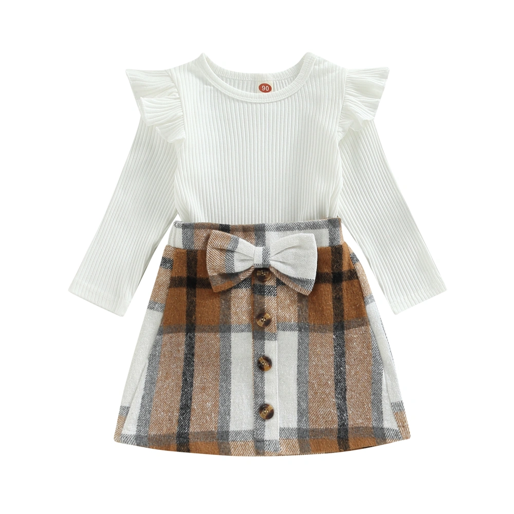 Kids Girls Round Neck Ruffle Solid Color Tops Plaid Short Half Dress