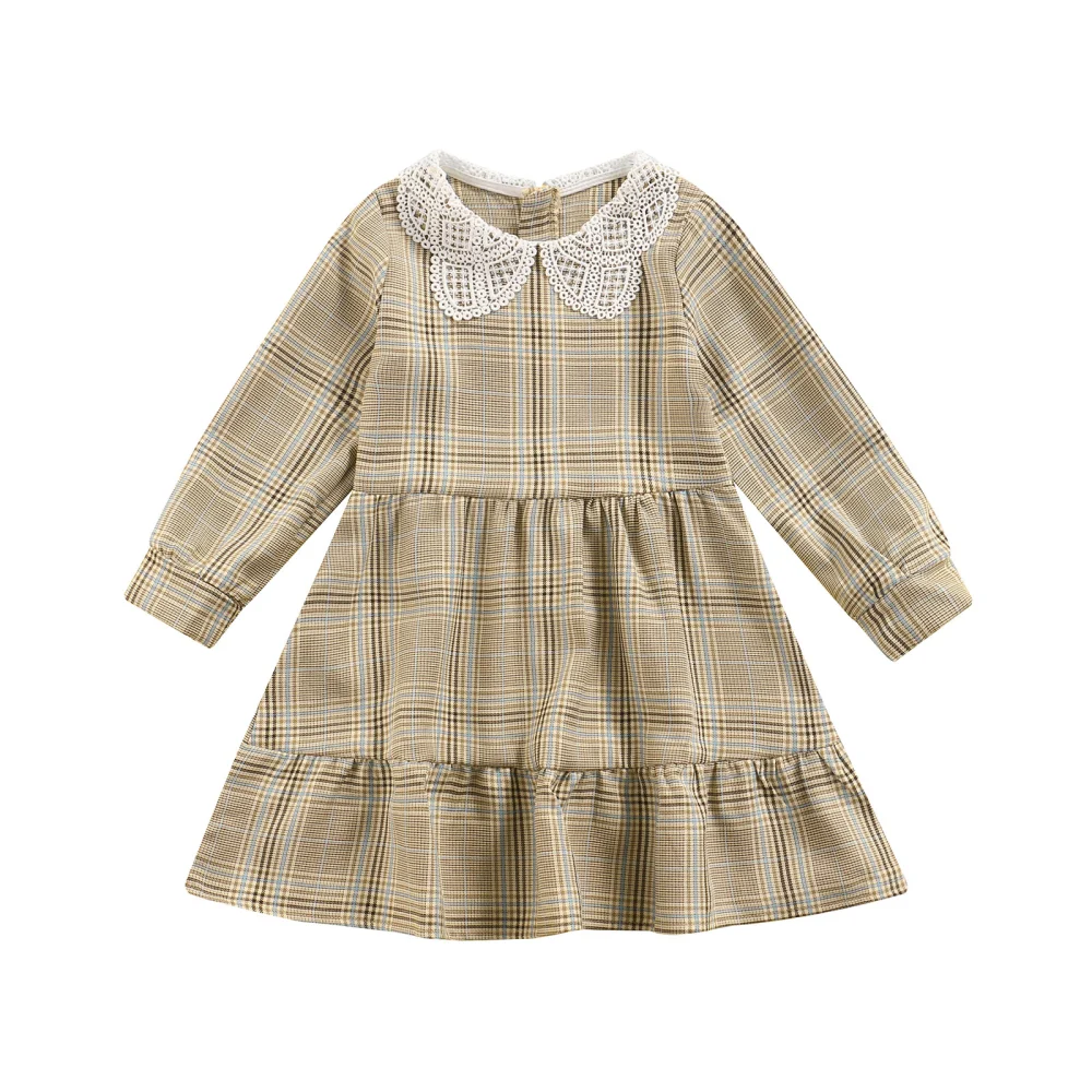 Little Girl’s Plaid Printing Doll Collar Long Sleeve A-line Dress