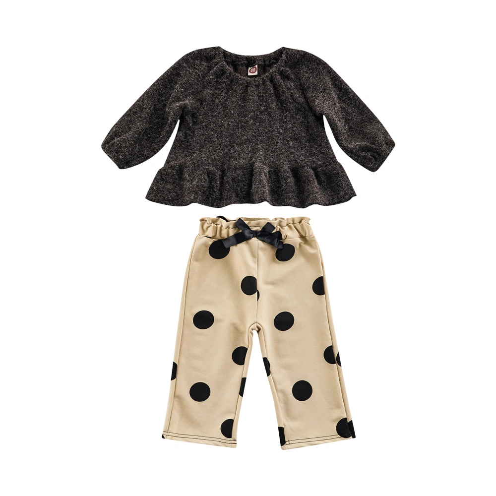 Girl's Two-Piece Suit, Long Sleeve Round Neck Tops + Dot Print Pants