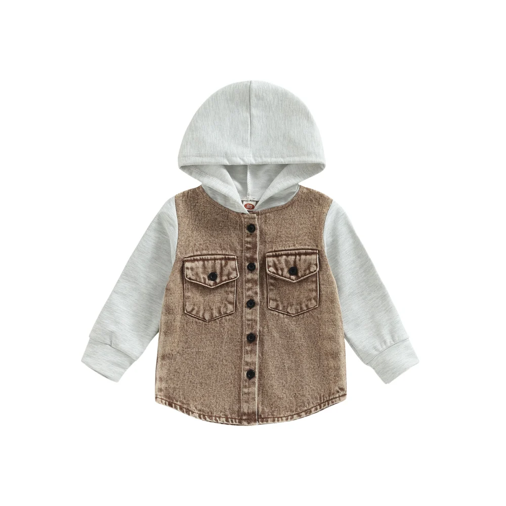 Boy Coat Long Sleeve Hooded Pockets Buttons Patch Color Cardigan 