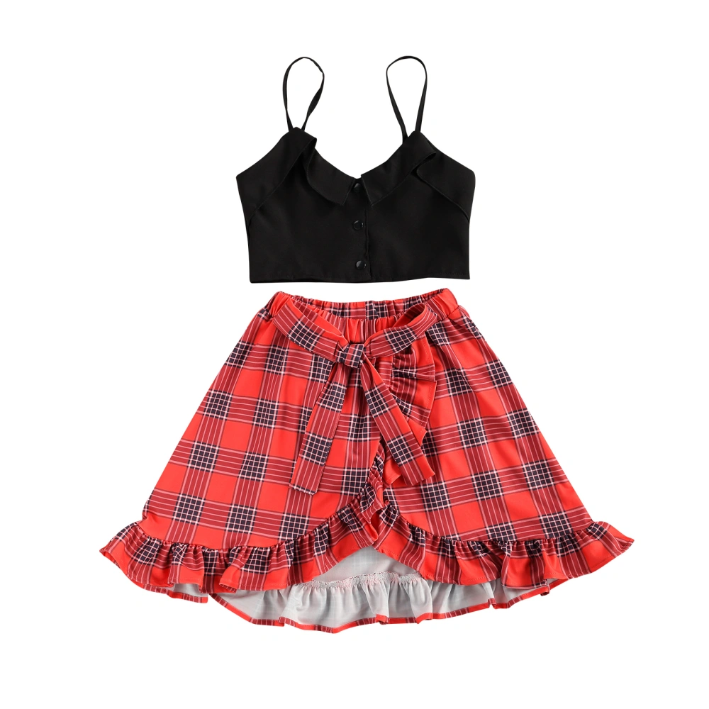 Girls' Sleeveless Sling Tops + High Waist Plaid Printing Skirt Set