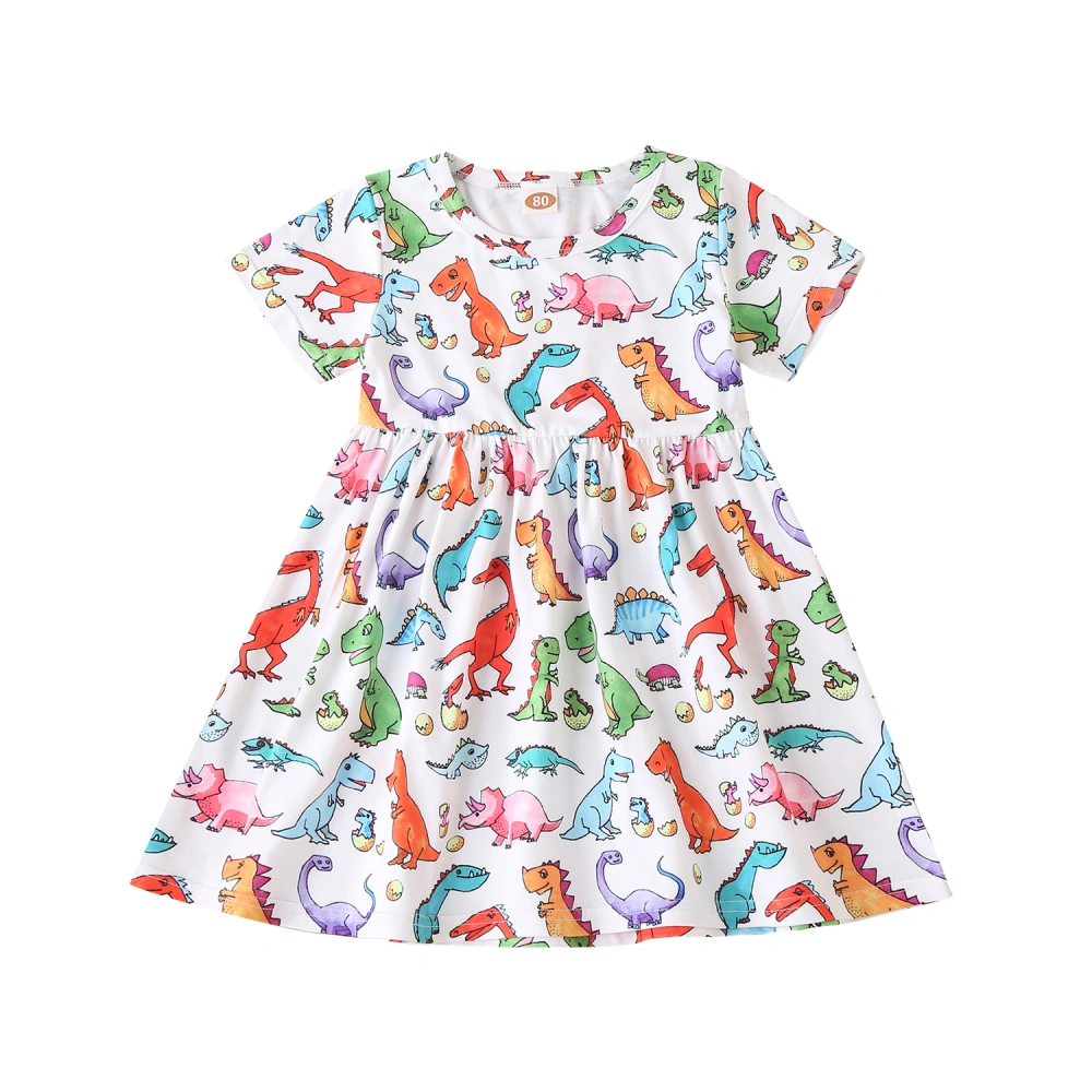 Baby Short Sleeve Dress with Cartoon Dinosaur Print, Elastic Waist