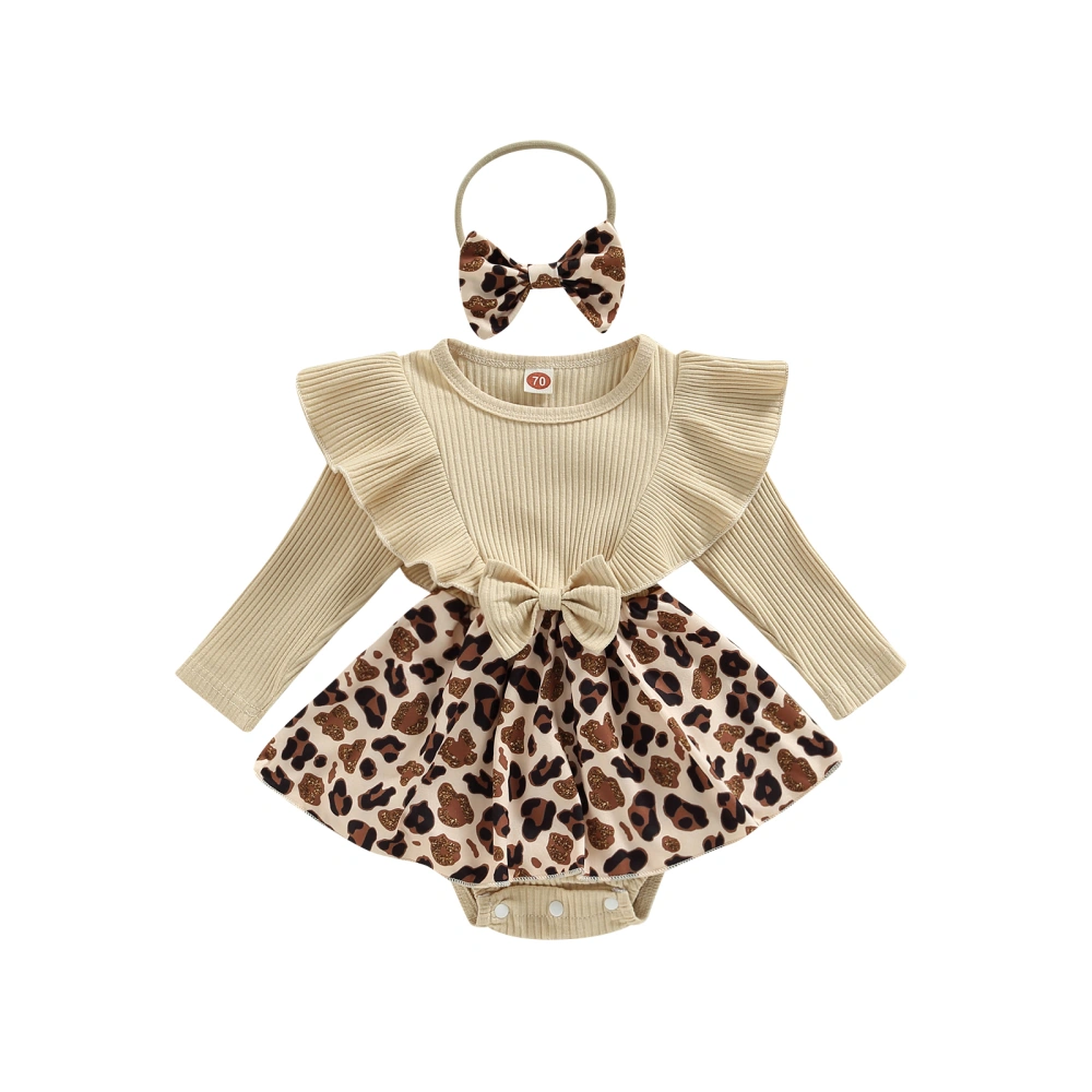 Infant Romper Leopard Print Knitted Ribbed Jumpsuits with Headband