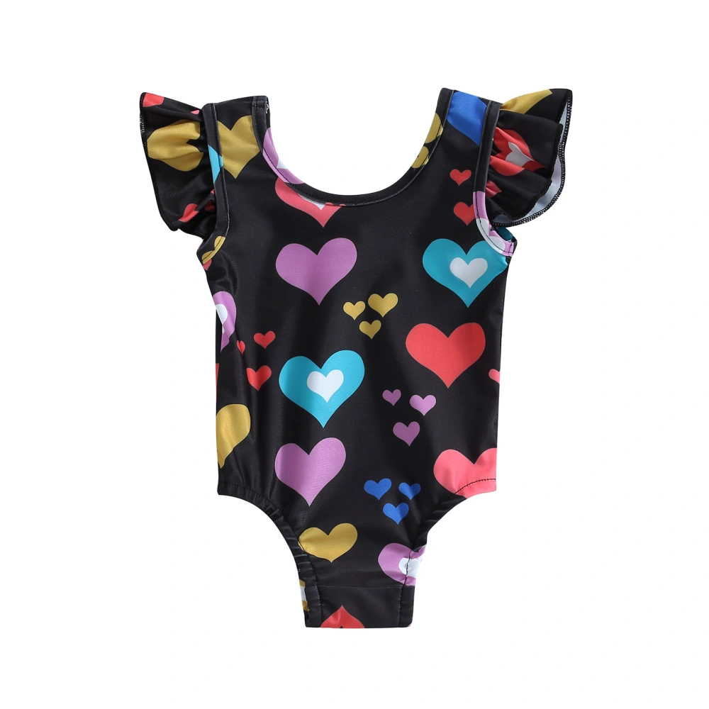 Girl Romper Swimsuit Fly Sleeve Round Neck Heart Print Swimwear 