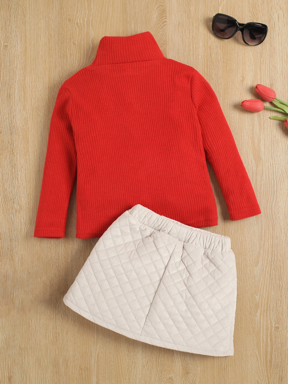 Sweet Style Little Girls Outfit, High Collar Tops, Short Skirt