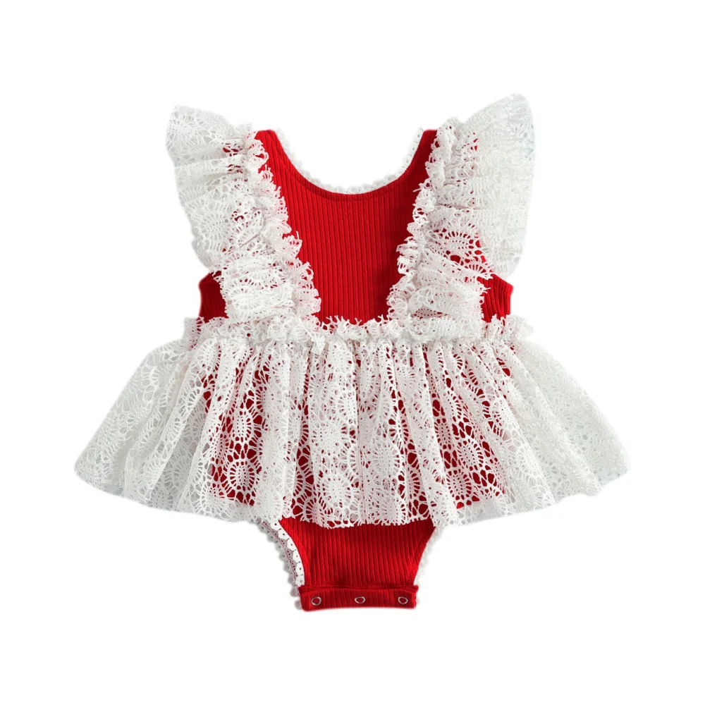 Baby Romper/ Dress, Lace Trim O-Neck Sleeveless Bodysuit/ One-Piece