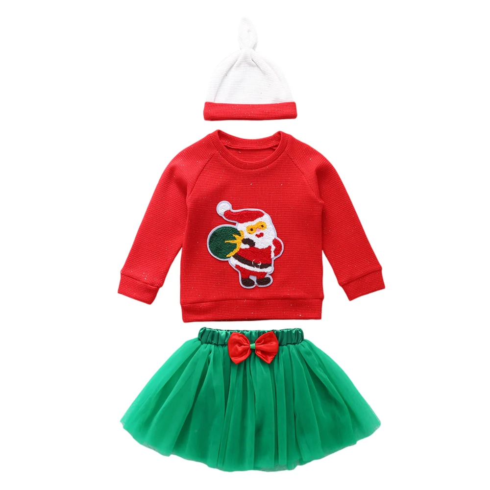 Girls Christmas Clothes Set, Red Pullover, Green Yarn Skirt and Cap