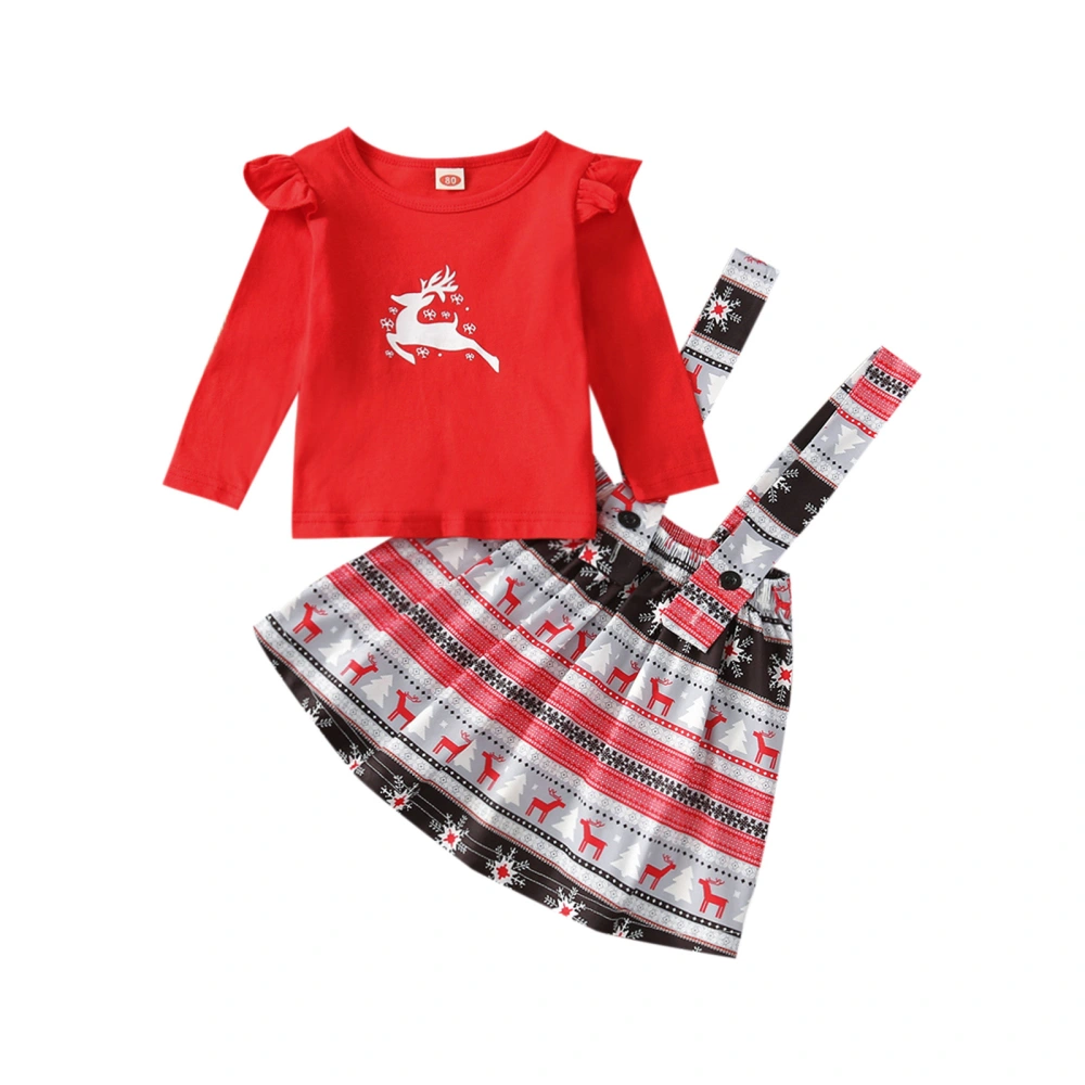 Girl’s Christmas Print Long Sleeve Tops and Suspender Skirt Set