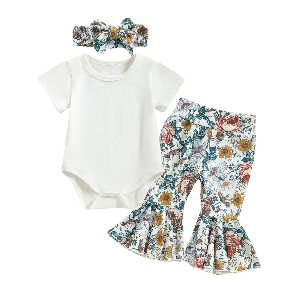 Baby Girls Pants Set, Romper with Flower Print Pants and Headband