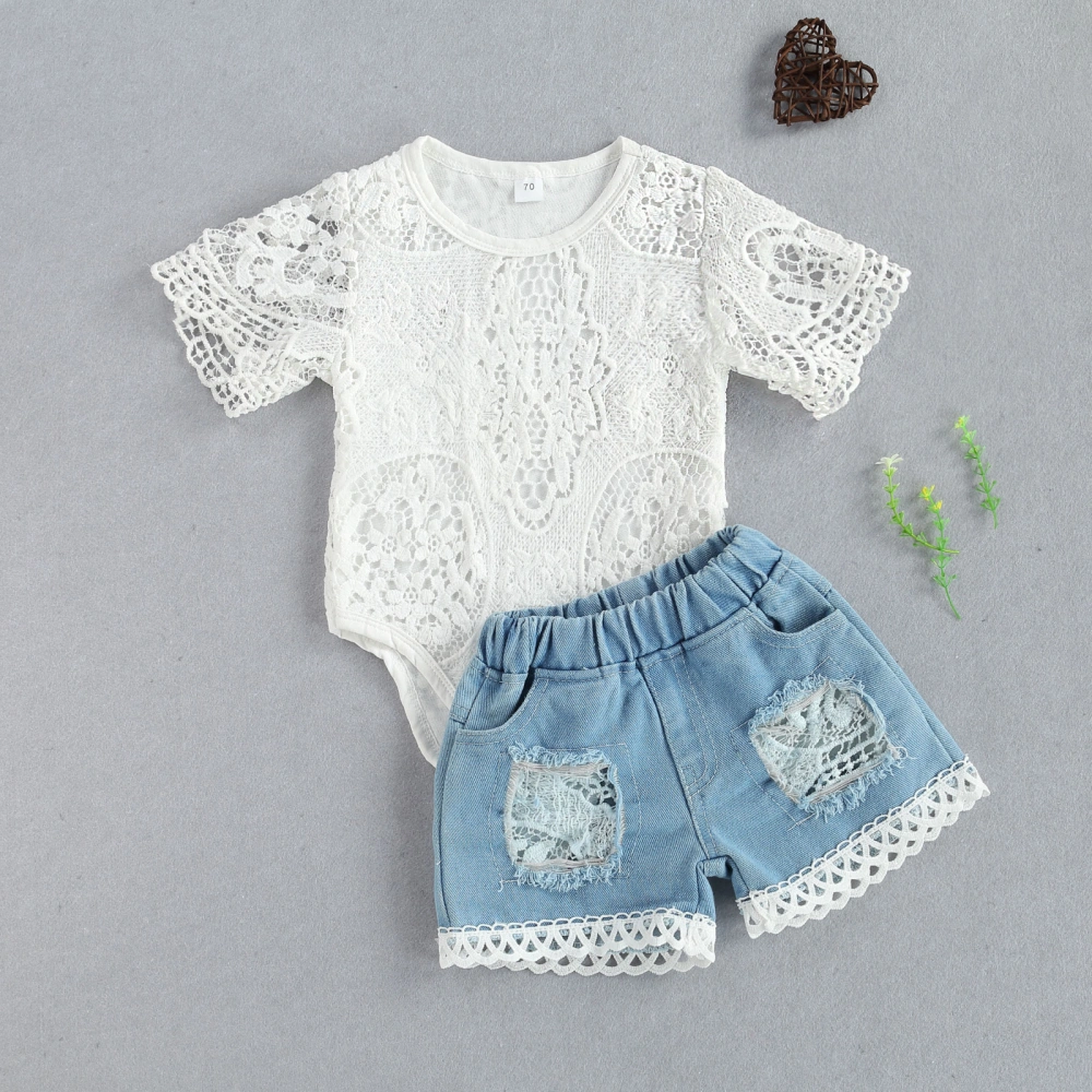 Baby Girls Outfit, Short Sleeve Hollow Lace Romper, Denim Shorts